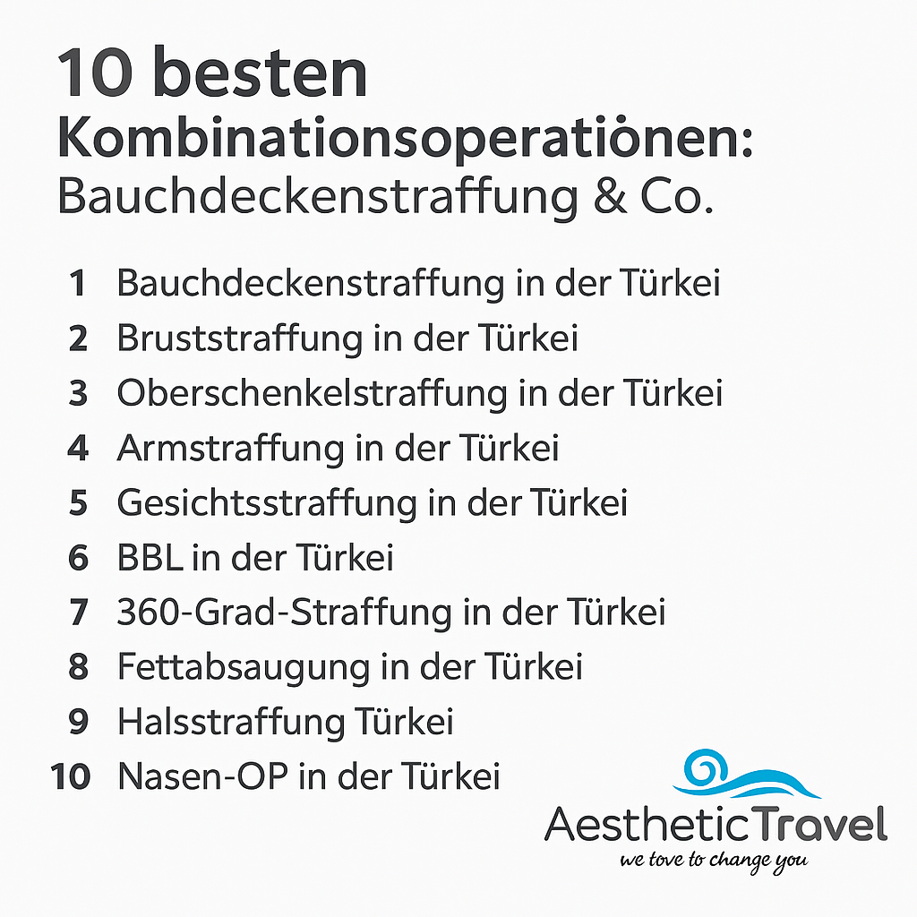 10 besten Kombinationsoperationen: Bauchdeckenstraffung & CO 1 Zehn besten Kombinationsoperationen bei Aesthetic Travel: Bauchdeckenstraffung bis Facelift – Schönheit-OP in der Türkei mit Ratenzahlung …